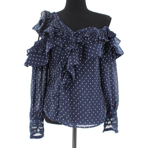 Self-Portrait Navy White Swiss Dot Plumetis Frilled One Shoulder Blouse Top 0 XS - Picture 2 of 9